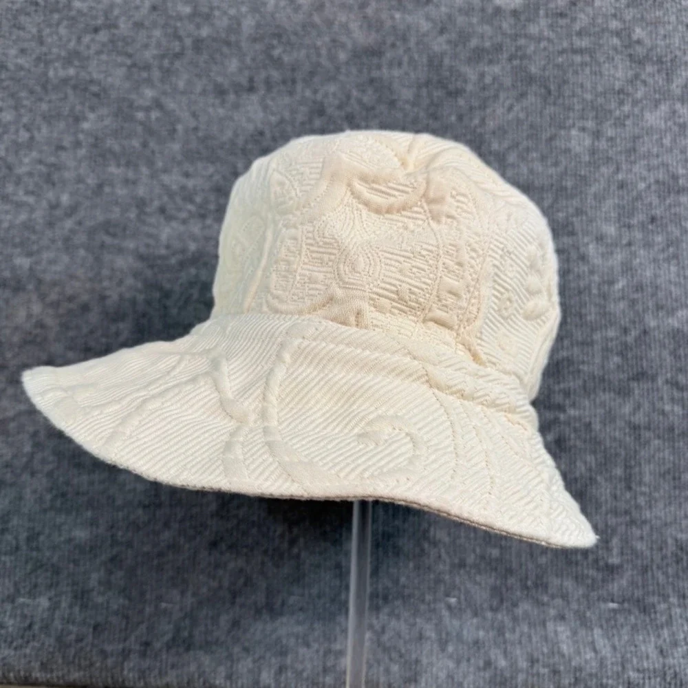 Vintage Textured Jacquard Bucket Hat Cream Swirl Pattern Bohemian Retro Hat